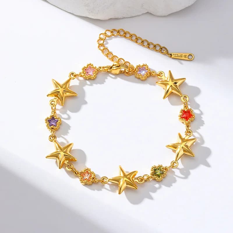 Armbånd med farverige stjerner og zirkoner, guld