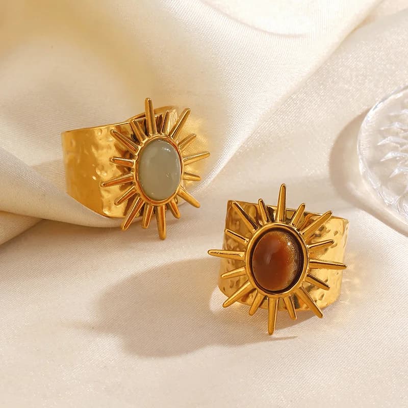 Vintage oval stensmykke med justerbar ring i rustfrit stål