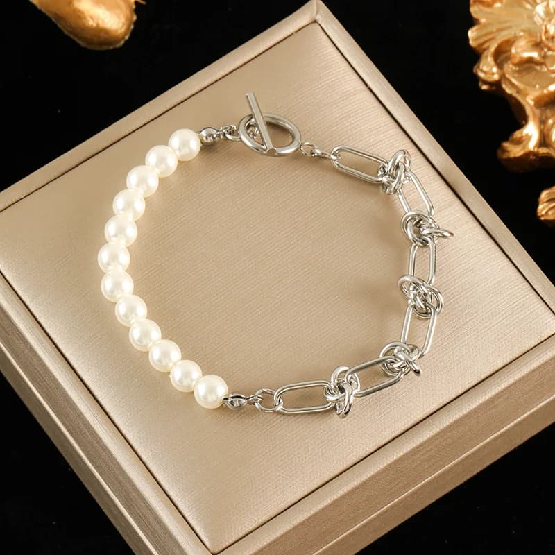 Asymmetrisk perlehalskæde og armbåndssæt, sølv