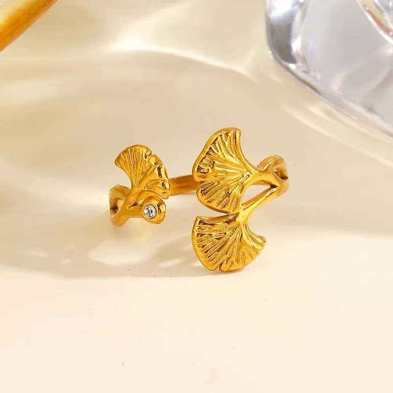 Ginkgo blad zirkon justerbar ring, rustfrit stål