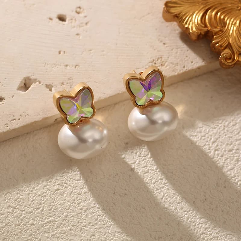 Sommerfugl perle studs øreringe, rustfrit stål