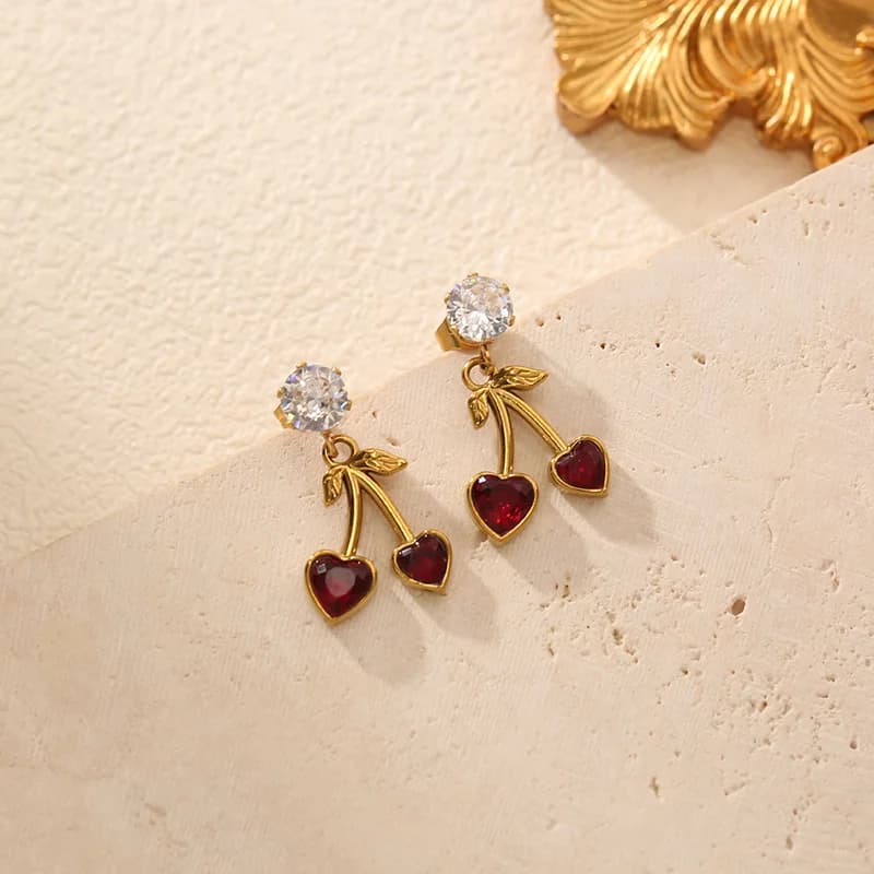 Kirsebær zirkonia studs øreringe, vandtæt rustfrit stål