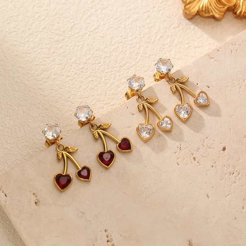 Kirsebær zirkonia studs øreringe, vandtæt rustfrit stål