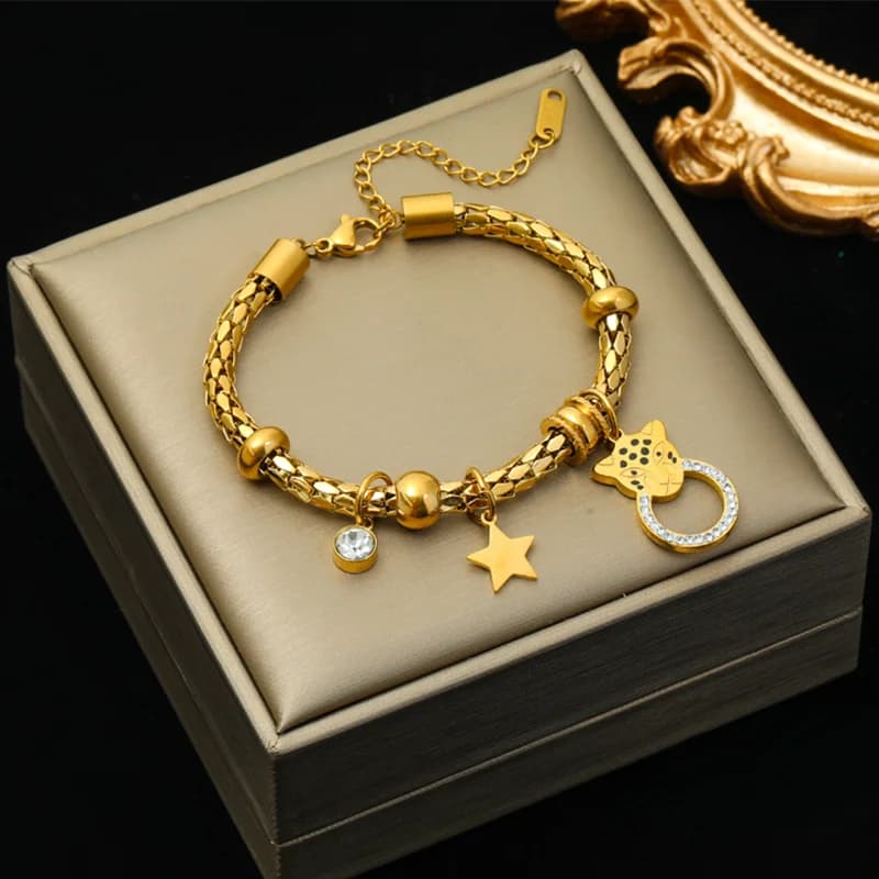 Stjerne og leopard charm armbånd, tyk kæde rustfrit stål