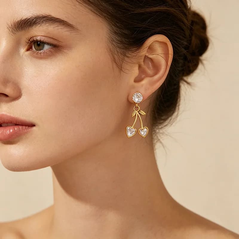 Kirsebær zirkonia studs øreringe, vandtæt rustfrit stål
