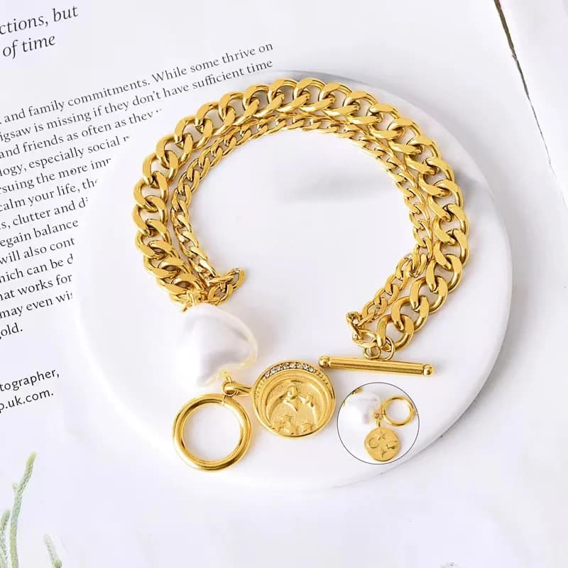 Armbånd med hjerte og sol charms, guld, PVD belagt
