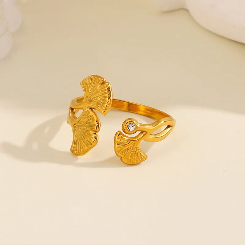 Ginkgo blad zirkon justerbar ring, rustfrit stål