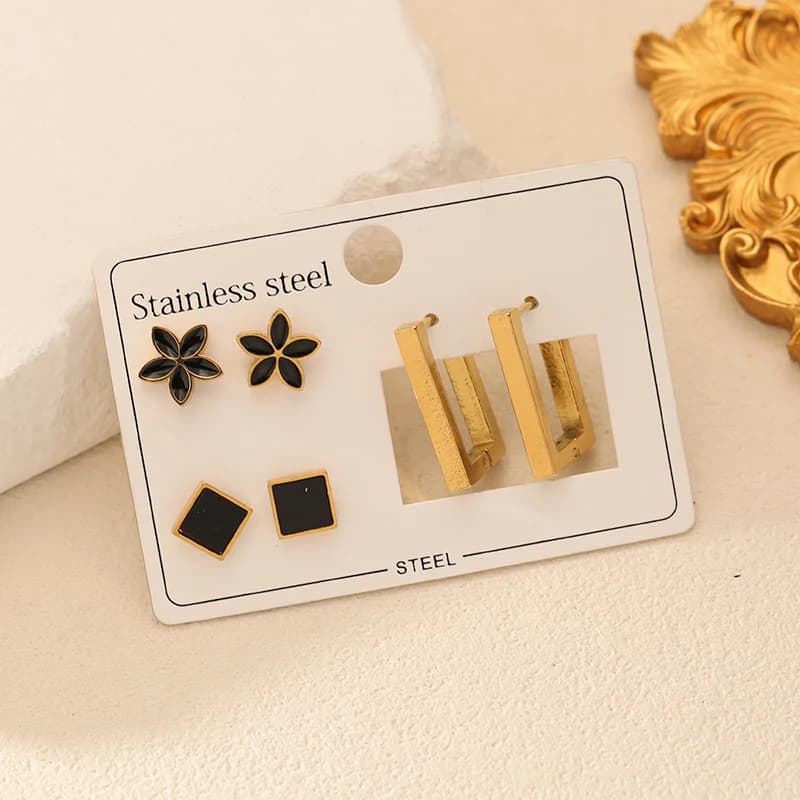 Sæt med 3 par øreringe – sorte blomster- og geometriske designs