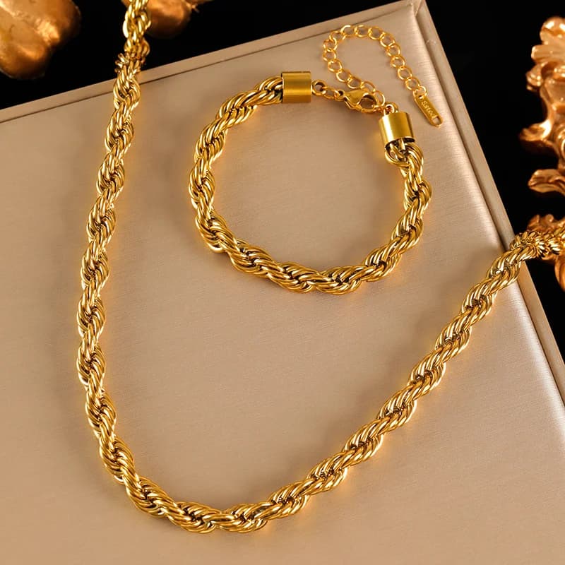 Sæt med tykt twist-kæde halskæde og armbånd, 8 mm