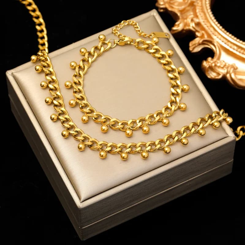 Grov kæde choker og armbåndssæt, guld