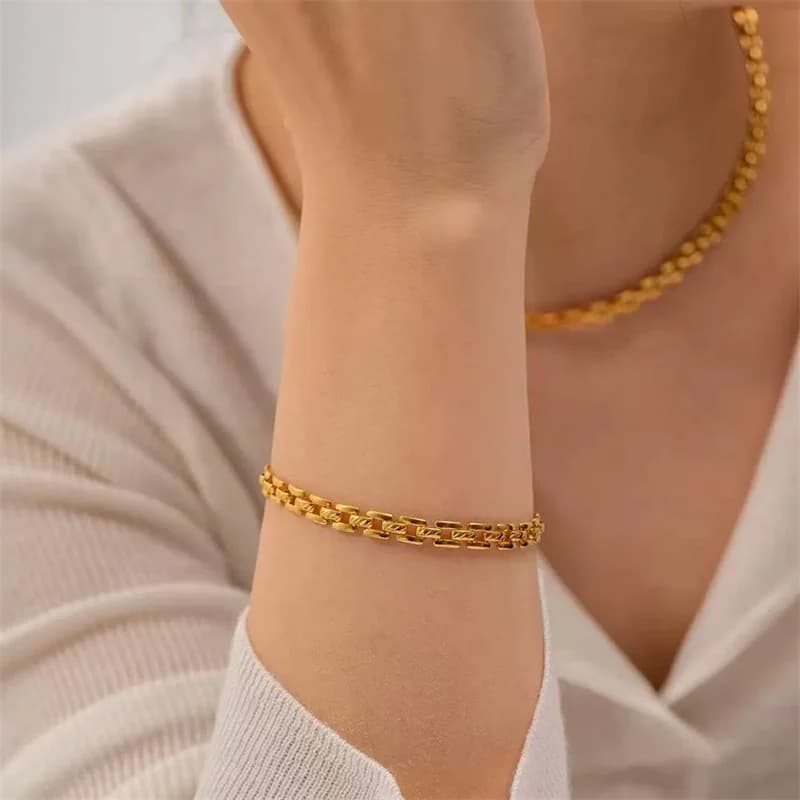Guldbelagt geometrisk kæde halskæde og armbånd sæt