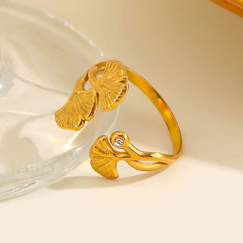 Ginkgo blad zirkon justerbar ring, rustfrit stål