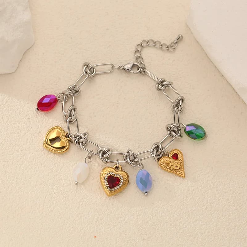 Hjerte zirkon charms armbånd i rustfrit stål