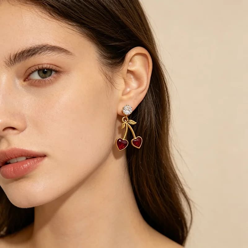 Kirsebær zirkonia studs øreringe, vandtæt rustfrit stål