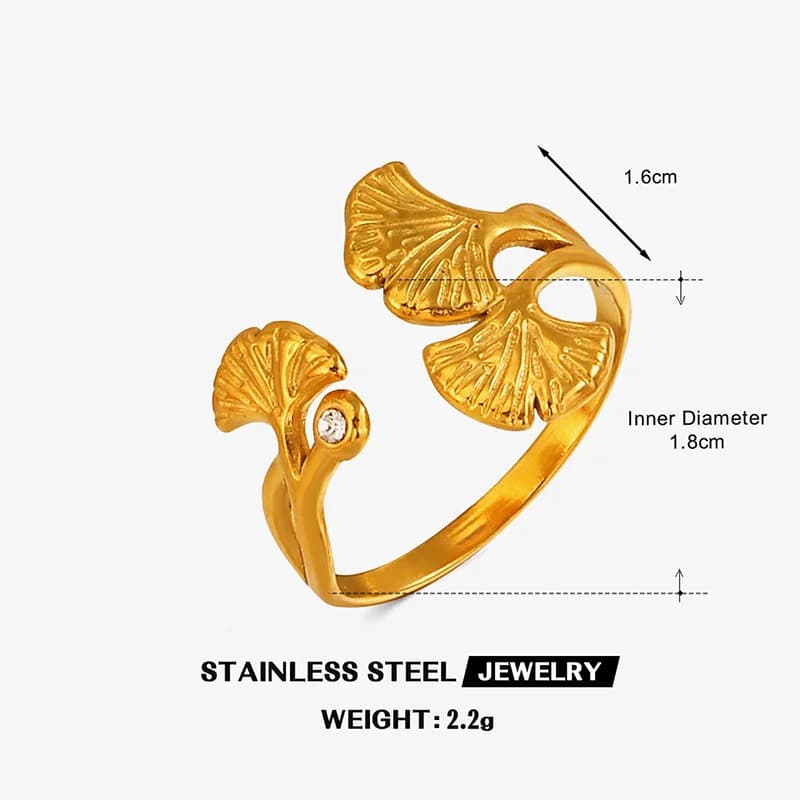 Ginkgo blad zirkon justerbar ring, rustfrit stål
