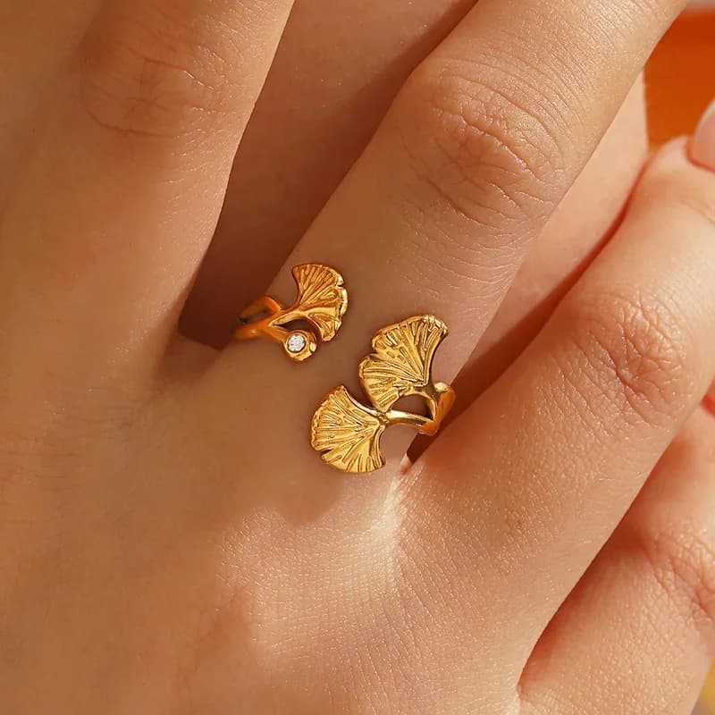 Ginkgo blad zirkon justerbar ring, rustfrit stål