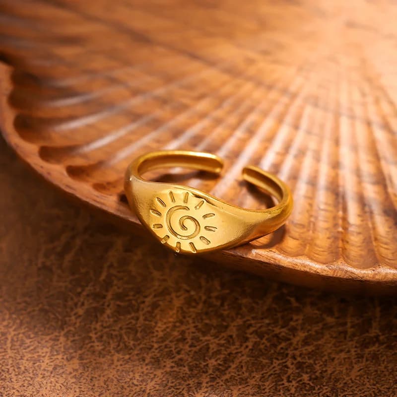 Vintage sol justerbar ring, gyldent rustfrit stål
