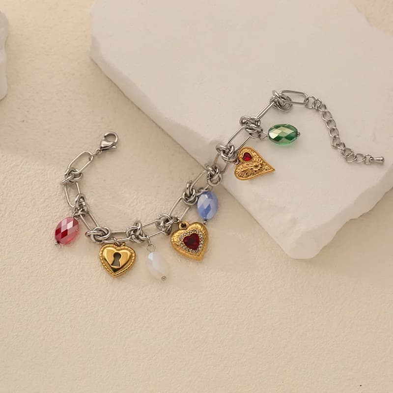 Hjerte zirkon charms armbånd i rustfrit stål